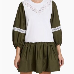 Nwt - Tanya Taylor Kristie Mini Dress in Olive Green and White